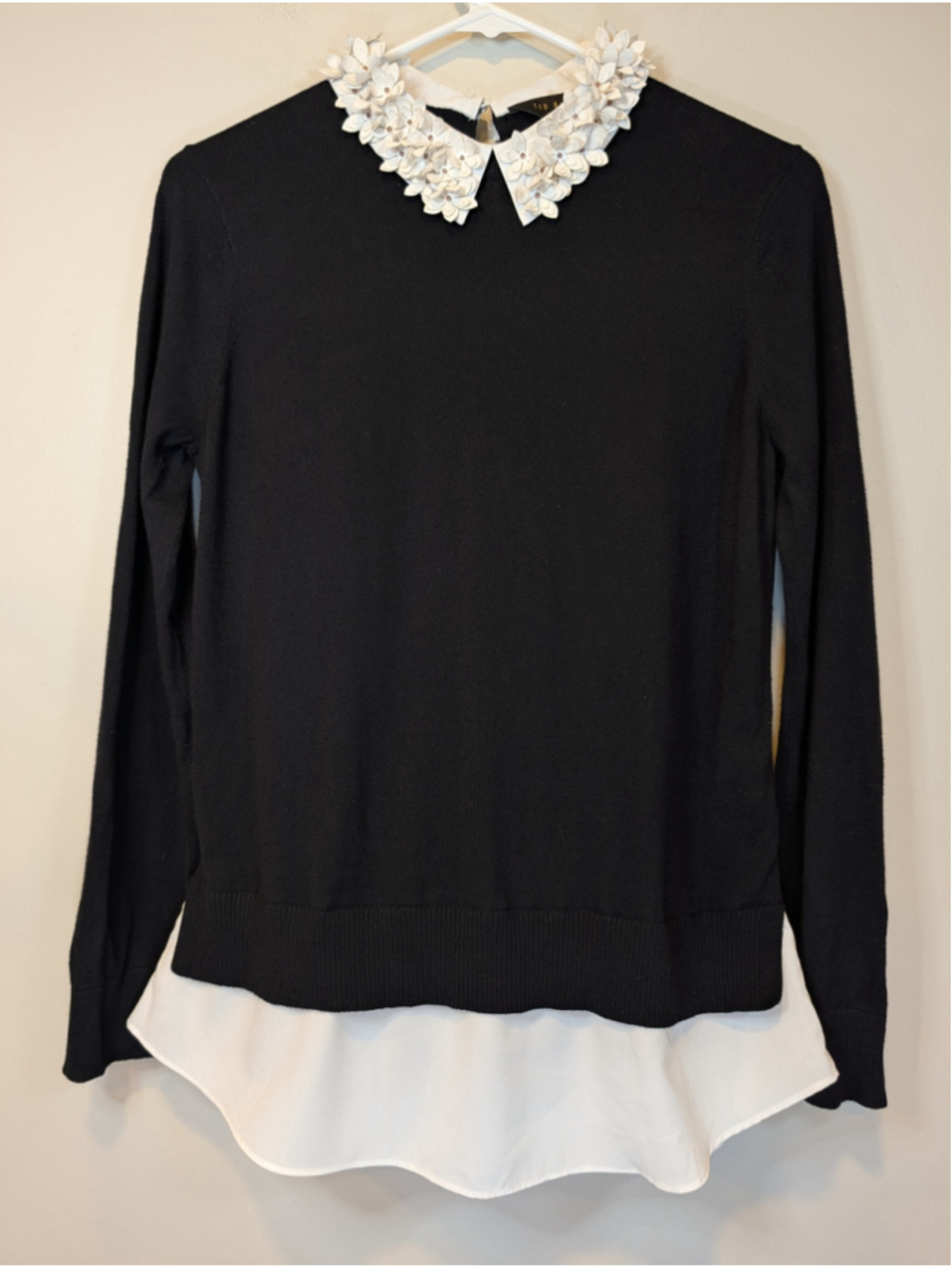 Ted Baker Nansea 3D Floral Collar Layered Sweater Black White Size 2 US 6
